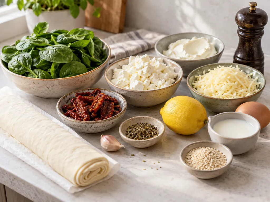 Zutaten für Ofentaschen mit Blätterteig, Spinat, Feta und Tomaten