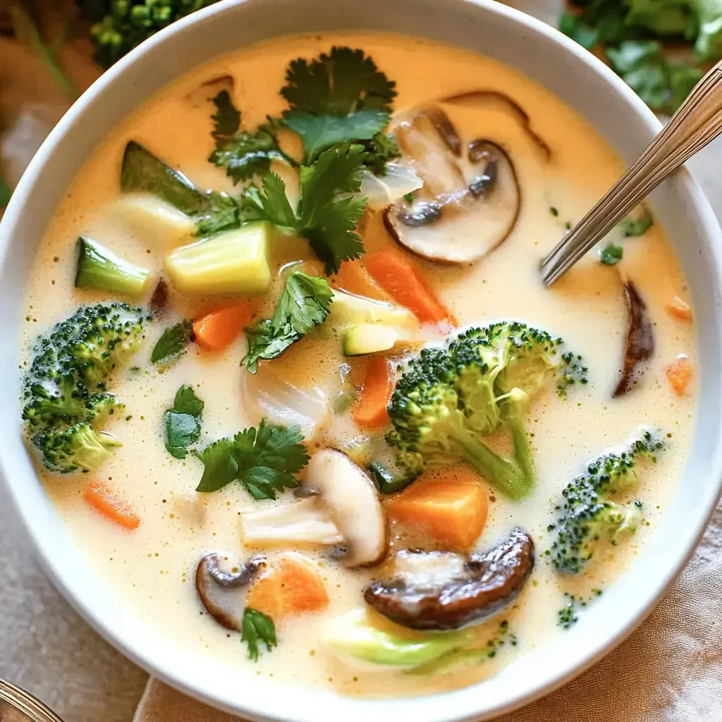 Eine Schüssel mit cremiger Gemüsesuppe, gefüllt mit Brokkoli, Karotten, Pilzen und frischem Koriander.