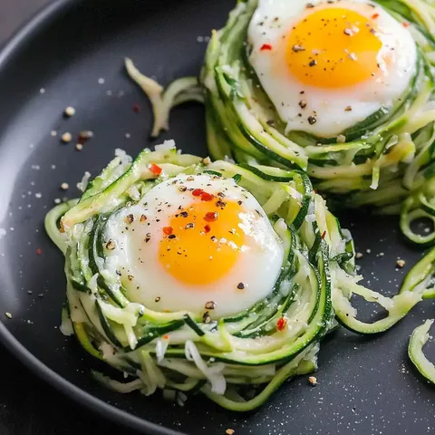 Zwei nesterförmige Zucchini-Spaghetti mit je einem pochierten Ei, gewürzt mit Pfeffer und roten Chiliflocken, auf einem schwarzen Teller.