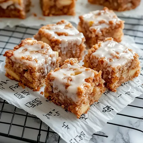 Fünf quadratische Stücke Apfelkuchen mit Zuckerglasur auf einem Gitterrost.