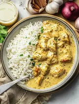 Ein Teller mit cremigem Hühnchencurry, serviert mit weißem Reis und garniert mit frischem Koriander, umgeben von Zwiebeln und Knoblauch.