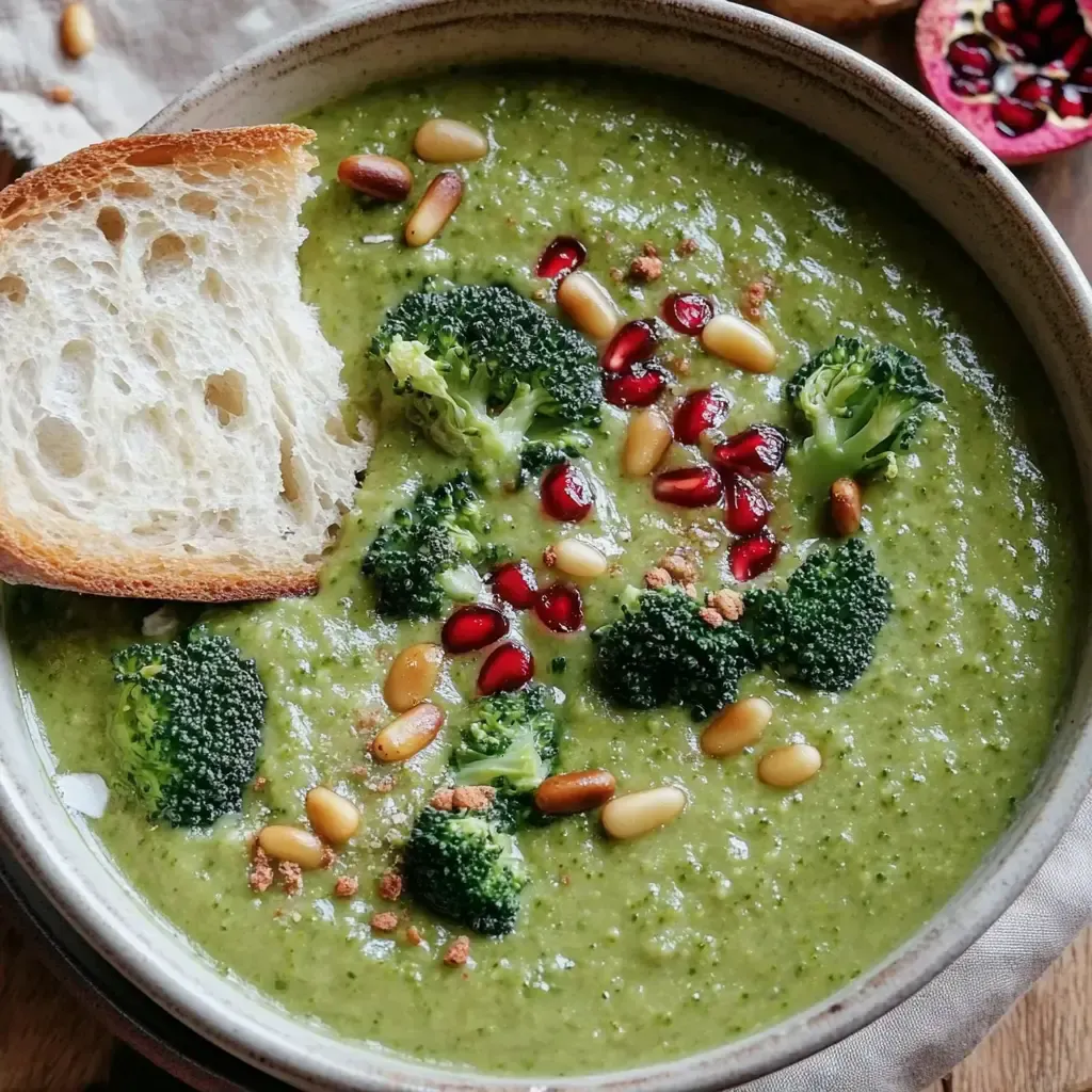 Eine Schüssel mit cremiger Brokkolisuppe, garniert mit Pinienkernen, Granatapfelkernen und einem Stück Brot.