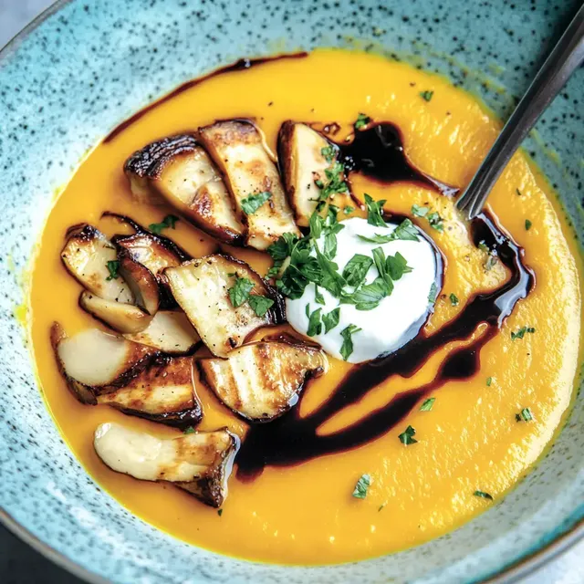 Eine Schüssel mit cremiger Karottensuppe, belegt mit gegrillten Pilzen, einem Klecks saurer Sahne und einer Balsamico-Reduktion.