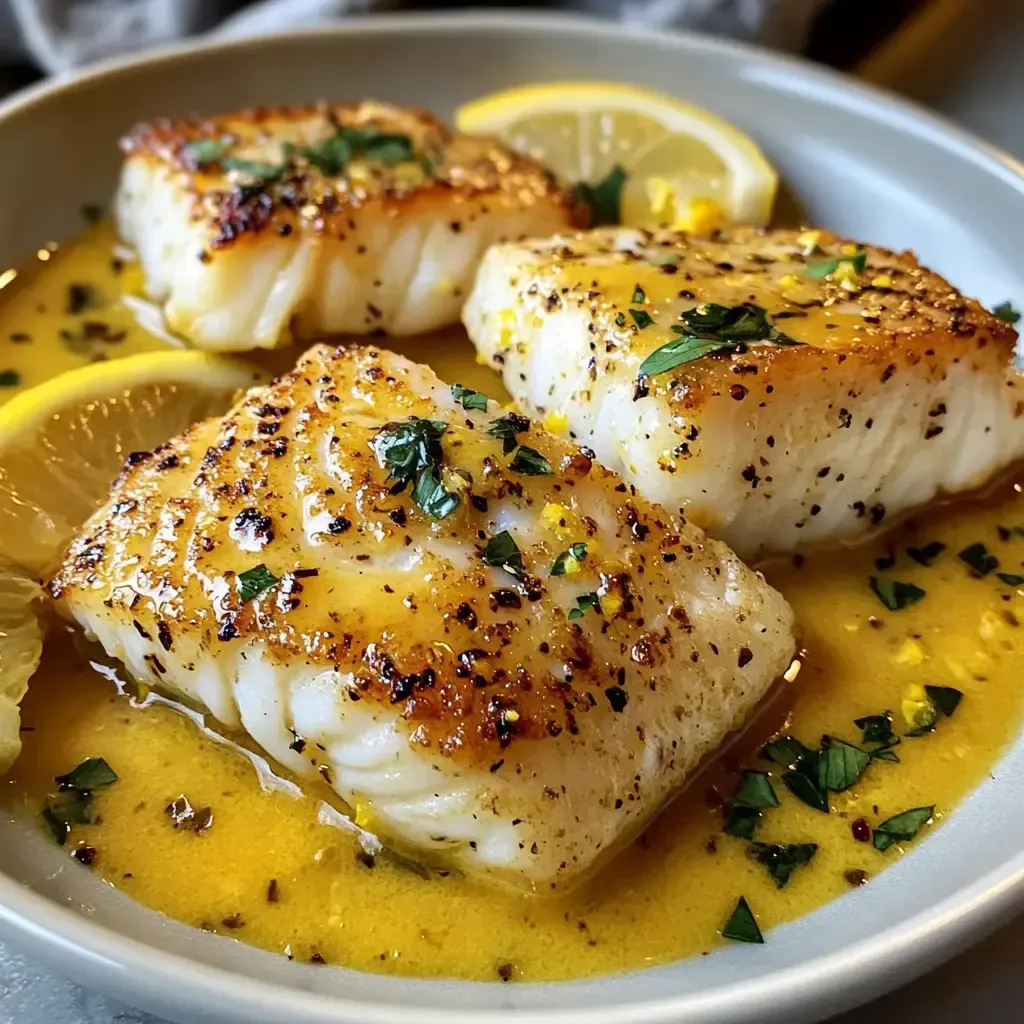 Gegrillter Fisch mit Zitronenscheiben und Kräutern in einer cremigen Sauce auf einem Teller.