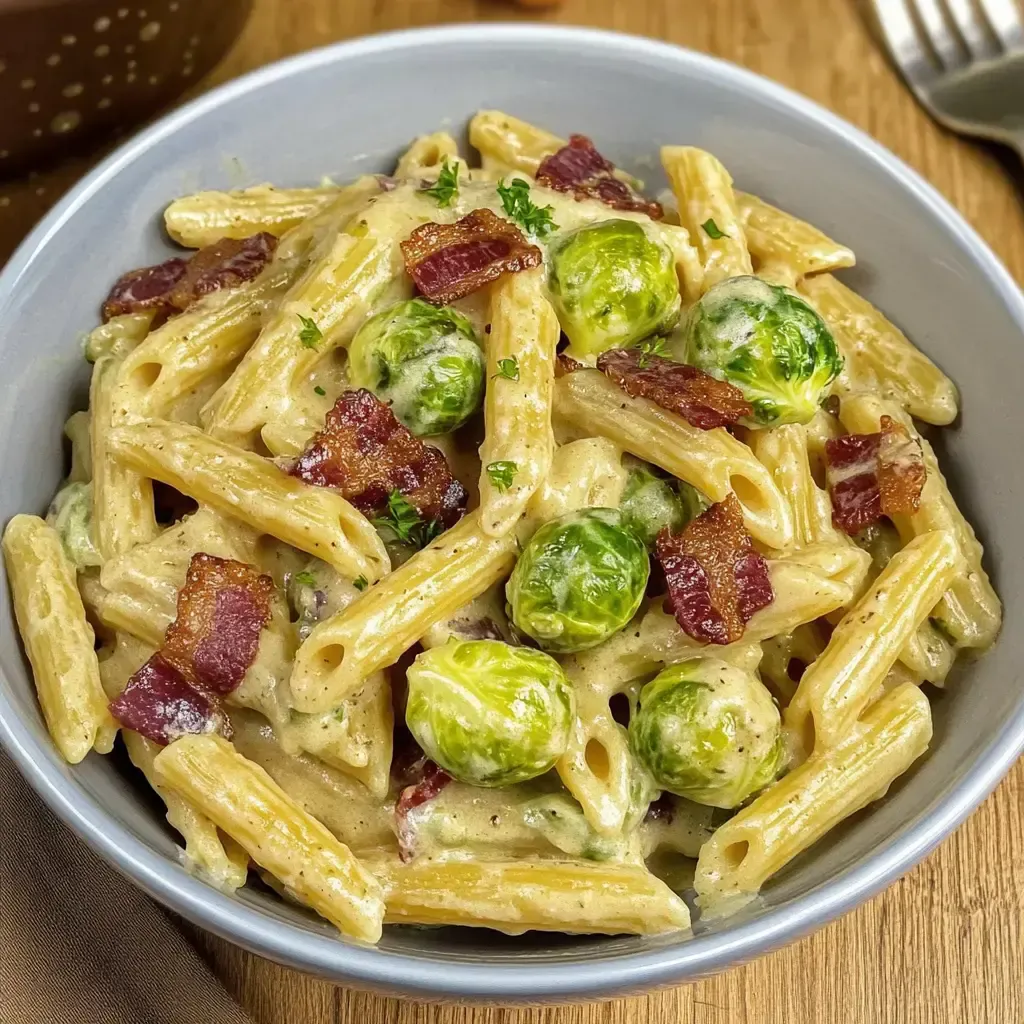 Ein Teller Pasta mit Bacon und Rosenkohl in einer cremigen Sauce.