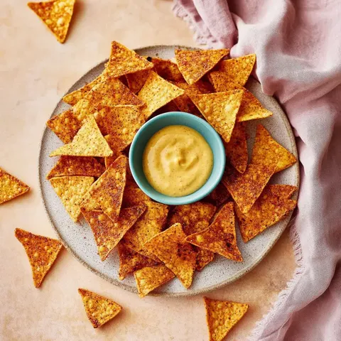 Ein Teller mit Tortilla-Chips, umgeben von einer kleinen Schüssel mit einer cremigen, gelben Sauce.