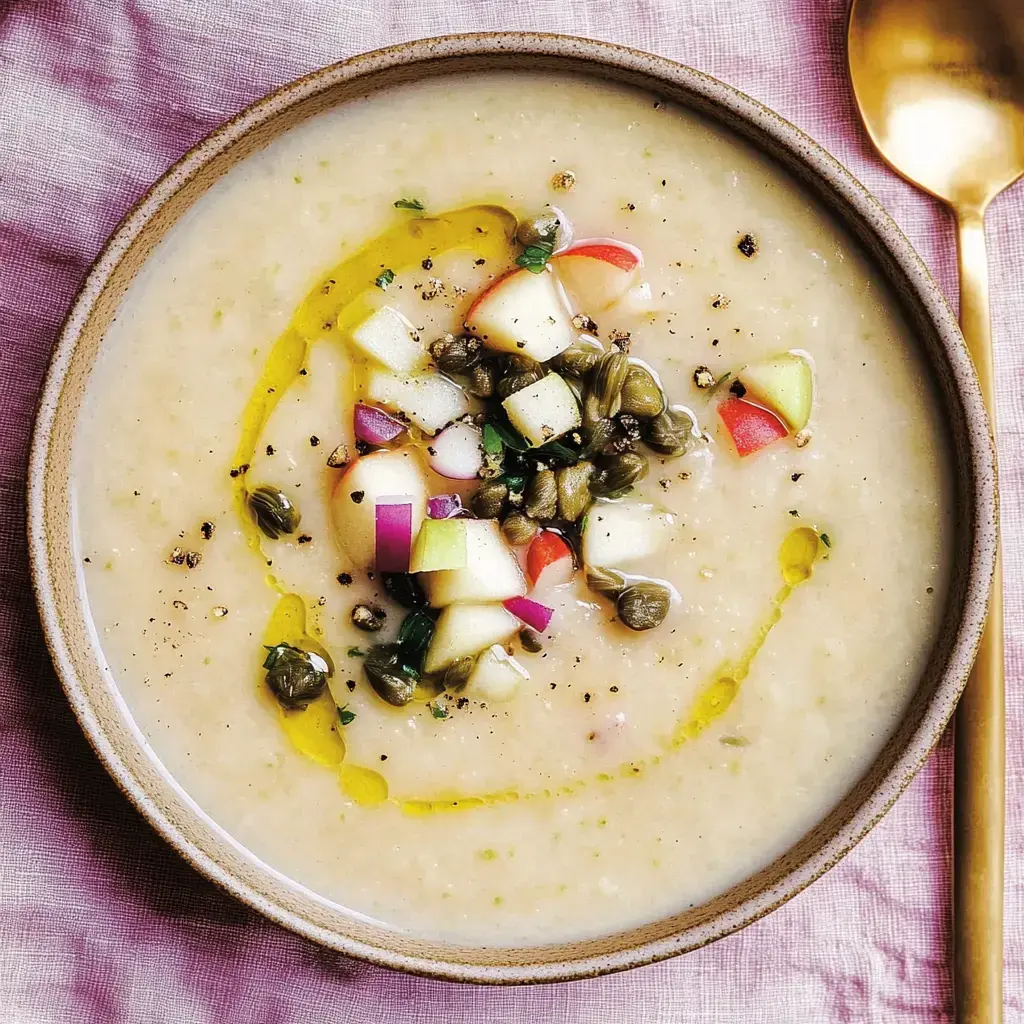 Eine Schüssel cremiger Suppe, garniert mit kleinen Apfelstückchen, Kapern und einem Schuss Olivenöl, auf einem rosa Stoffuntergrund.