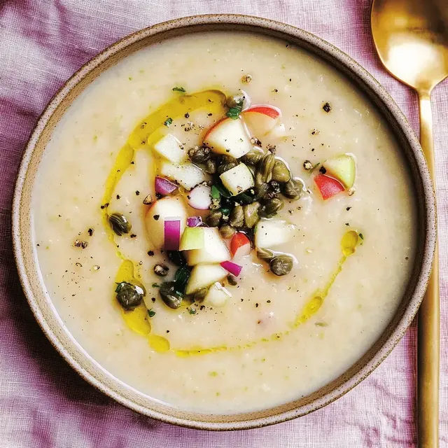 Eine Schüssel cremiger Suppe, garniert mit kleinen Apfelstückchen, Kapern und einem Schuss Olivenöl, auf einem rosa Stoffuntergrund.