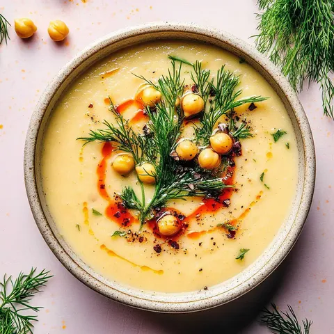 Eine Schüssel cremige Suppe mit Kichererbsen, frischem Dill, Gewürzen und einer roten Sauce auf der Oberfläche.