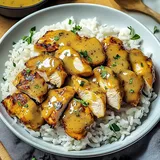 Ein Teller mit geschnittenem, gegrilltem Hähnchen in einer cremigen Sauce, serviert auf einem Bett aus weißem Reis und garniert mit frischen Kräutern.