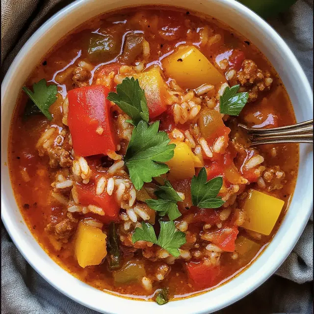 Eine Schüssel mit herzhaftem Eintopf, gefüllt mit Reis, Hackfleisch, buntem Gemüse und frischer Petersilie.