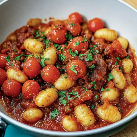 Ein Teller mit Gnocchi in einer Tomatensauce, garniert mit frischem grünen Koriander und roten Kirschtomaten.