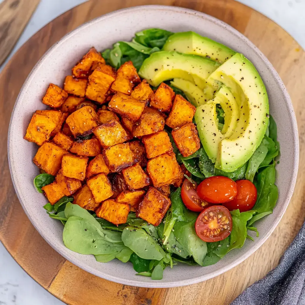 Eine Schüssel mit gewürfelten, gebratenen Süßkartoffeln, Avocado, Cherry-Tomaten und Rucola.