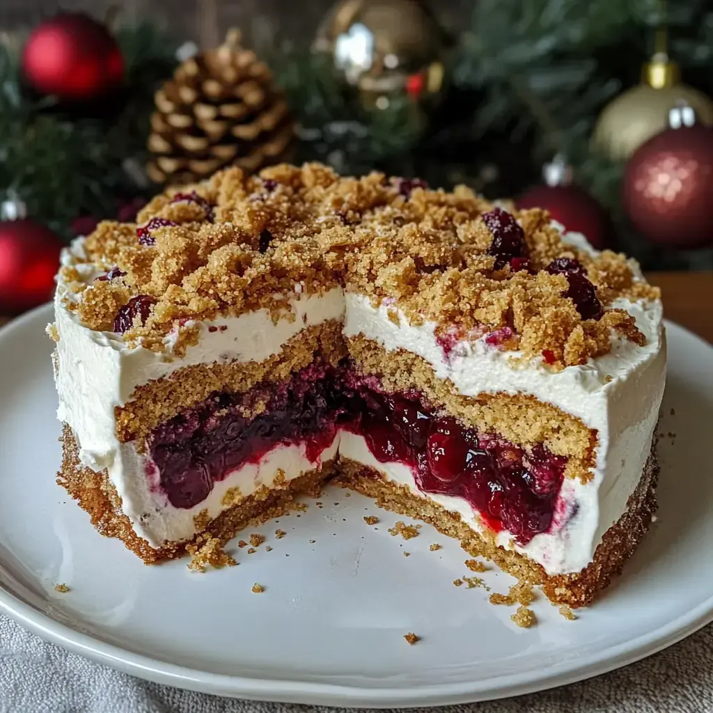 Eine geschnittene Torte mit Schichten aus Sahne, roter Fruchtfüllung und bröseligem Keksbelag, dekoriert mit festlichen Elementen im Hintergrund.