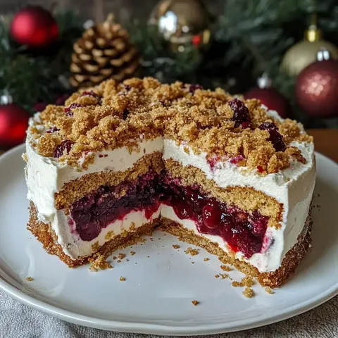 Eine geschnittene Torte mit Schichten aus Sahne, roter Fruchtfüllung und bröseligem Keksbelag, dekoriert mit festlichen Elementen im Hintergrund.