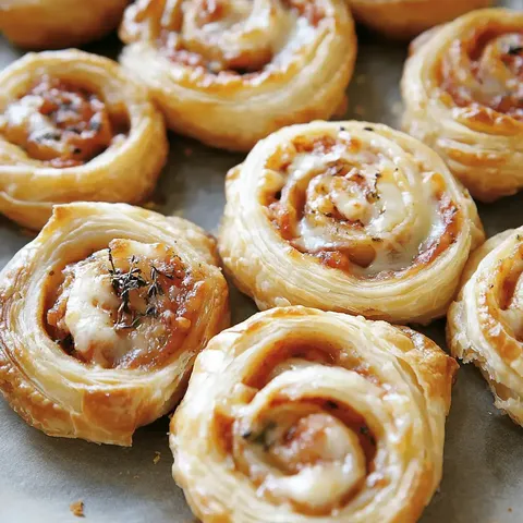 Ein Blech mit frischen, spiralisierten Blätterteiggebäcken, gefüllt mit einer herzhaften Mischung und dekoriert mit Kräutern.
