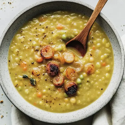 Eine Schüssel mit cremiger Erbsensuppe, garniert mit gebratenen Zwiebeln und einem Holzlöffel.
