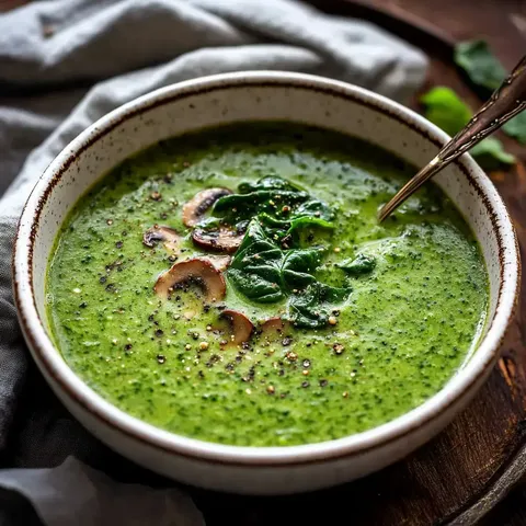 Eine Schüssel mit grüner Spinatsuppe, garniert mit frischem Spinat und Pilzen, auf einem Holzuntergrund.