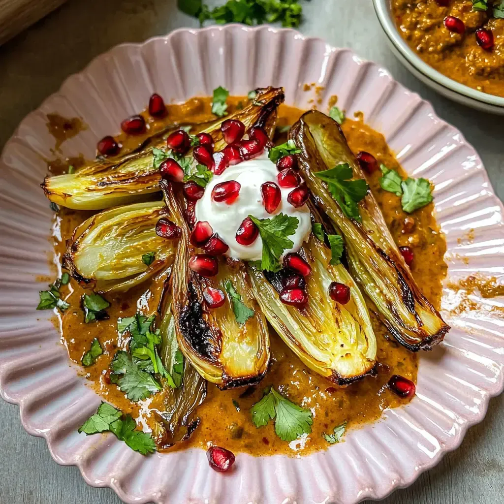 Gegrillte Gemüsehälften auf einer rosa Platte, garniert mit Joghurt, Granatapfelkernen und frischem Koriander in einer würzigen Sauce.