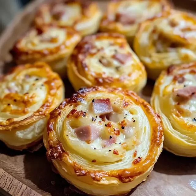 Ein Holzbrett mit goldbraunen, spiralförmigen Blätterteigschnecken, gefüllt mit Schinken und Käse.