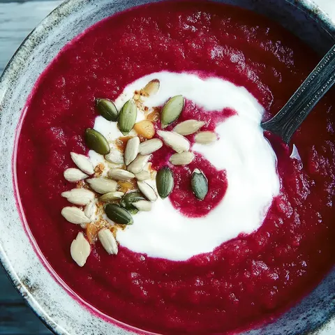 Eine Schüssel mit roter Suppe, garniert mit Sahne und verschiedenen Samen.