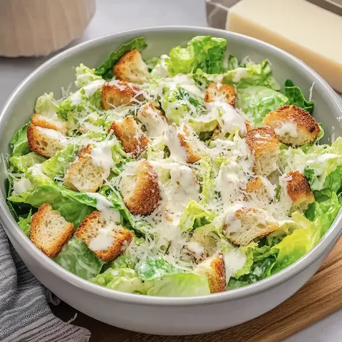 Ein frisch zubereiteter Caesar-Salat mit Romaine-Salat, Croutons und Parmesan in einer großen Schüssel.