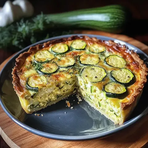 Ein frisch gebackener Zucchinikuchen mit einem Stück herausgeschnitten, umgeben von frischen Zutaten wie Knoblauch und Kräutern.