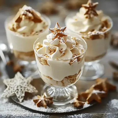 Drei Gläser mit einem Schichtdessert aus Sahne und Keksbröseln, dekoriert mit einem Zuckerstern und Puderzucker.