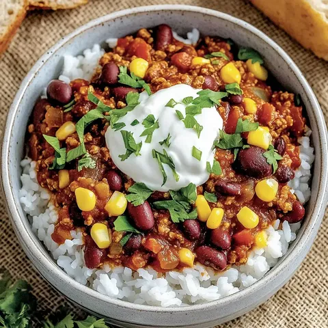 Ein Schüssel mit Reis, belegt mit einer würzigen Chili-Mischung aus Bohnen, Mais und einer Portion Sauerrahm, garniert mit frischem Koriander.