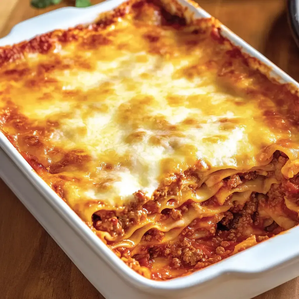 Eine warme Lasagne mit geschmolzenem Käse und Fleischfüllung in einer weißen Auflaufform.