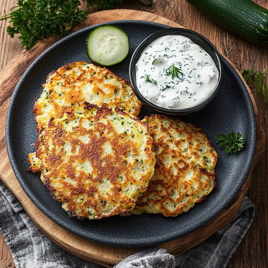 Auf dem Bild sind drei knusprige Zucchini-Puffer auf einem Teller, begleitet von einer Schale mit Dill-Joghurt-Dip und einer Gurkenscheibe.