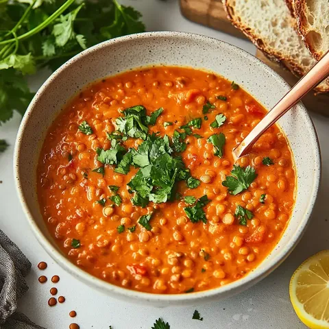 Eine Schüssel mit linsensuppe, garniert mit frischem Koriander, auf einem Tisch neben einer Scheibe Brot und einer halben Zitrone.
