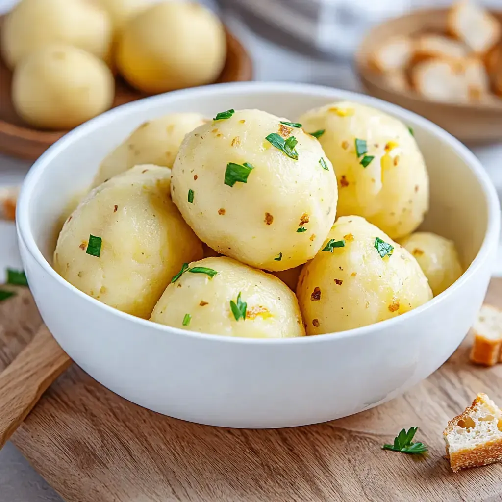 Eine Schüssel mit großen Kartoffelknödeln, garniert mit frischer Petersilie, auf einem Holzbrett.
