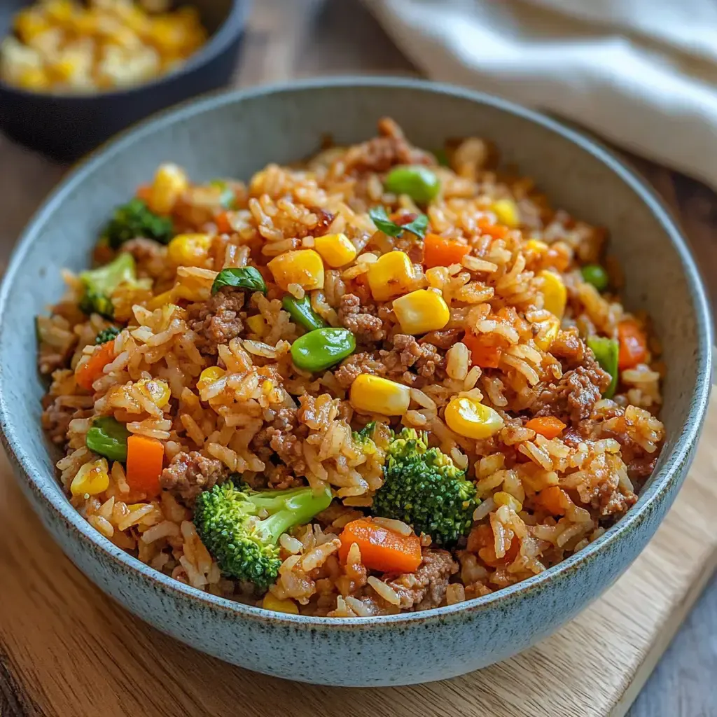 Eine Schüssel mit gebratenem Reis, gemischtem Gemüse, Hackfleisch und Mais.