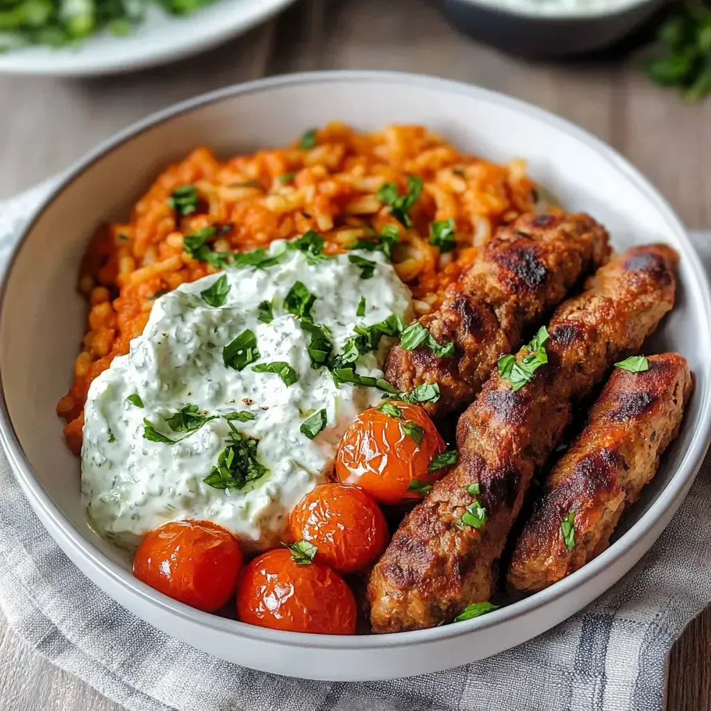Eine Schüssel mit gegrillten Fleischspießen, sautiertem Tomatenreis, gegrillten Tomaten und einer cremigen Sauce, garniert mit frischem Koriander.