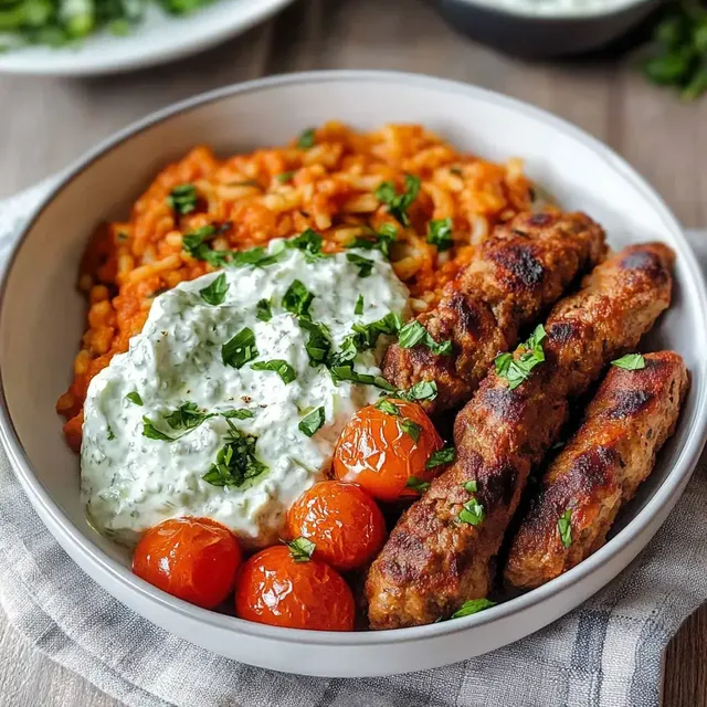 Eine Schüssel mit gegrillten Fleischspießen, sautiertem Tomatenreis, gegrillten Tomaten und einer cremigen Sauce, garniert mit frischem Koriander.