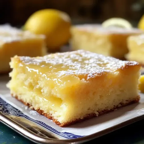 Ein Stück Zitronenkuchen mit Puderzucker und frischen Zitronen im Hintergrund.