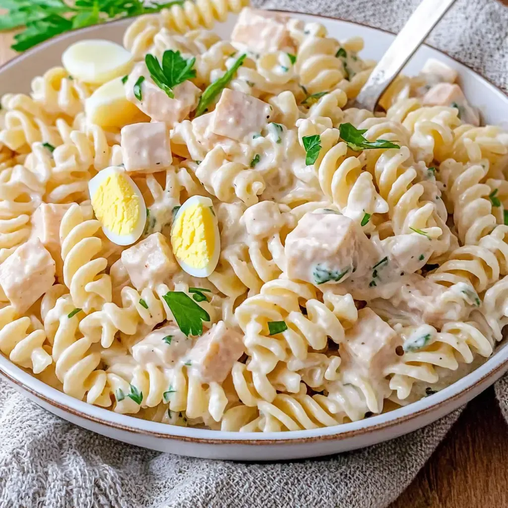 Ein Teller mit schmackhaften Fusilli-Nudeln in einer cremigen Sauce, garniert mit kleinen Stückchen Hähnchen, frischer Petersilie und halbierten hartgekochten Eiern.