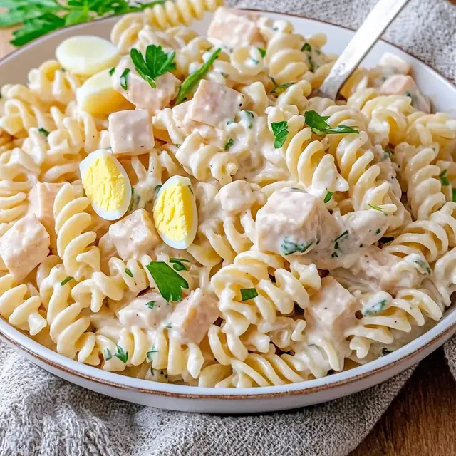 Ein Teller mit schmackhaften Fusilli-Nudeln in einer cremigen Sauce, garniert mit kleinen Stückchen Hähnchen, frischer Petersilie und halbierten hartgekochten Eiern.
