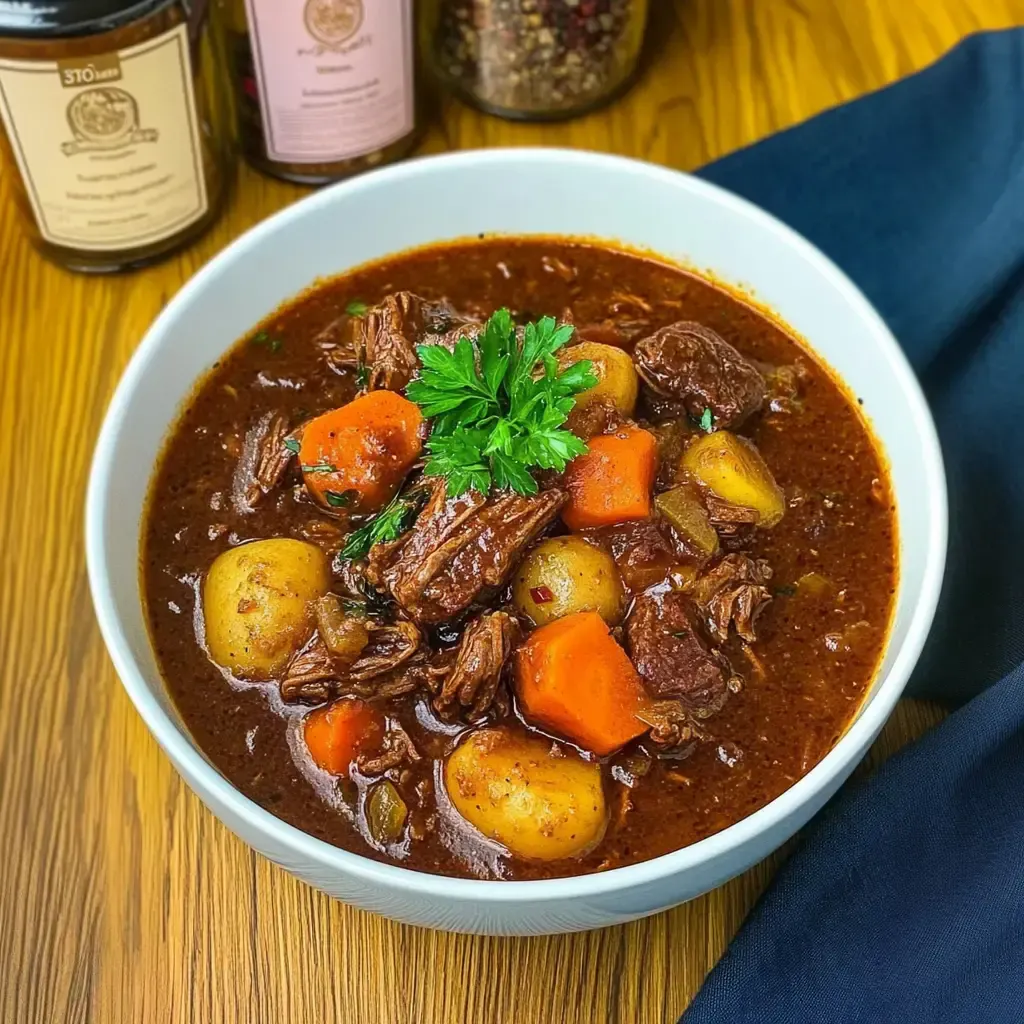 A bowl of beef stew with chunks of meat, carrots, and potatoes, garnished with fresh parsley, set on a wooden surface.