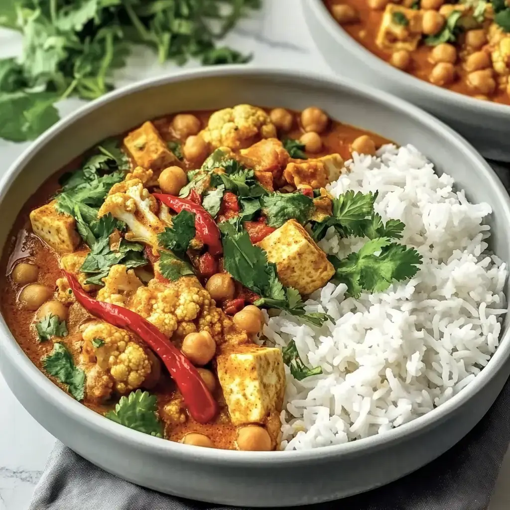 Ein Teller mit Reis und einem würzigen Gemüsegericht aus Blumenkohl, Kichererbsen und Tofu, garniert mit frischem Koriander und roten Chilischoten.