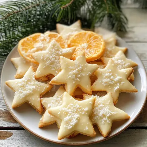 Ein Teller mit sternförmigen Keksen, die mit einer weißen Glasur und Kokosraspeln dekoriert sind, zusammen mit getrockneten Orangenscheiben und Tannenzweigen im Hintergrund.