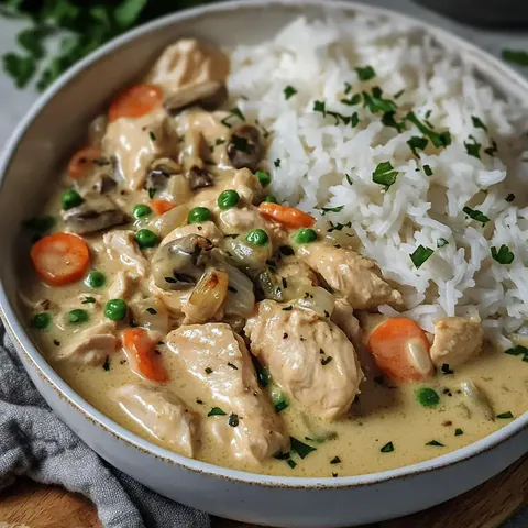 Ein Teller mit cremigem Hühnchengericht, das mit Karotten, Erbsen und Champignons serviert wird, daneben eine Portion Reis.