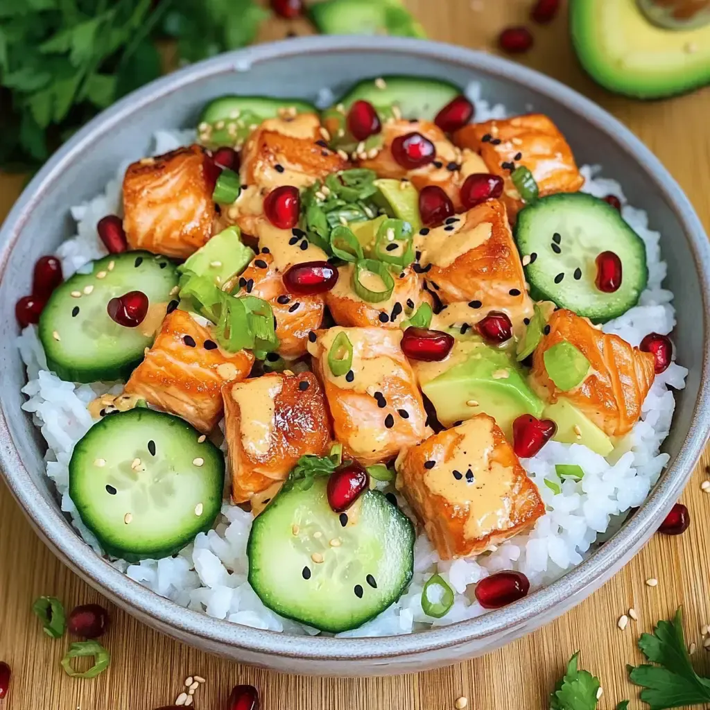 Eine Schüssel Reis mit gebratenem Lachs, Gurkenscheiben, Avocado, Granatapfelkernen und einer cremigen Sauce, garniert mit Frühlingszwiebeln und Sesam.