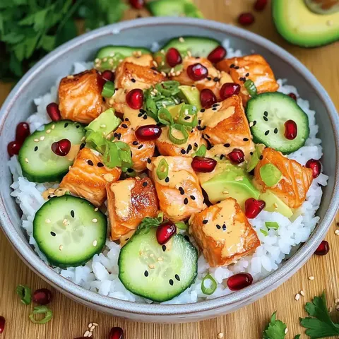 Eine Schüssel Reis mit gebratenem Lachs, Gurkenscheiben, Avocado, Granatapfelkernen und einer cremigen Sauce, garniert mit Frühlingszwiebeln und Sesam.