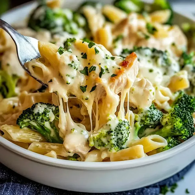 Ein Löffel Pasta mit Brokkoli und geschmolzenem Käse, serviert in einer Schüssel.
