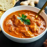Eine Schüssel mit cremiger Hühner-Curry-Sauce, garniert mit frischem Koriander, neben etwas Brot und Ingwer.