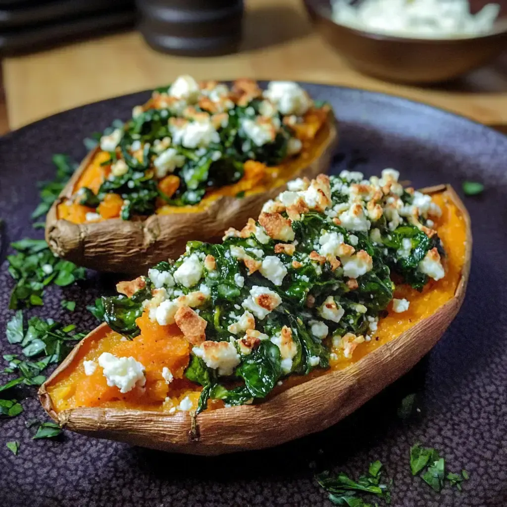 Zwei halbe Süßkartoffeln, gefüllt mit einer Mischung aus Spinat, Feta-Käse und geröstetem Brot, serviert auf einem dunklen Teller.