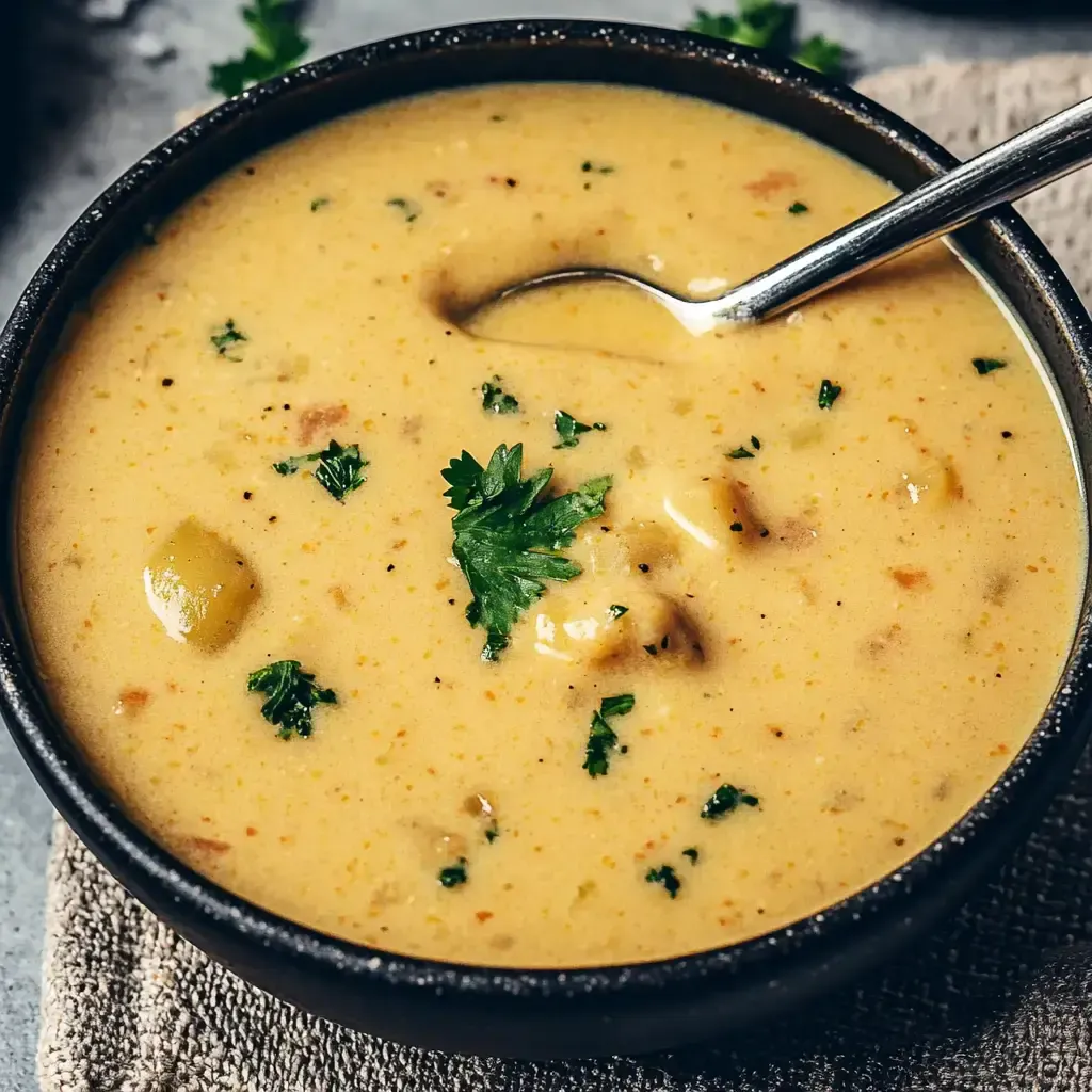 Eine Schüssel mit cremiger Suppe, garniert mit frischem Koriander und kleinen Stückchen Gemüse.