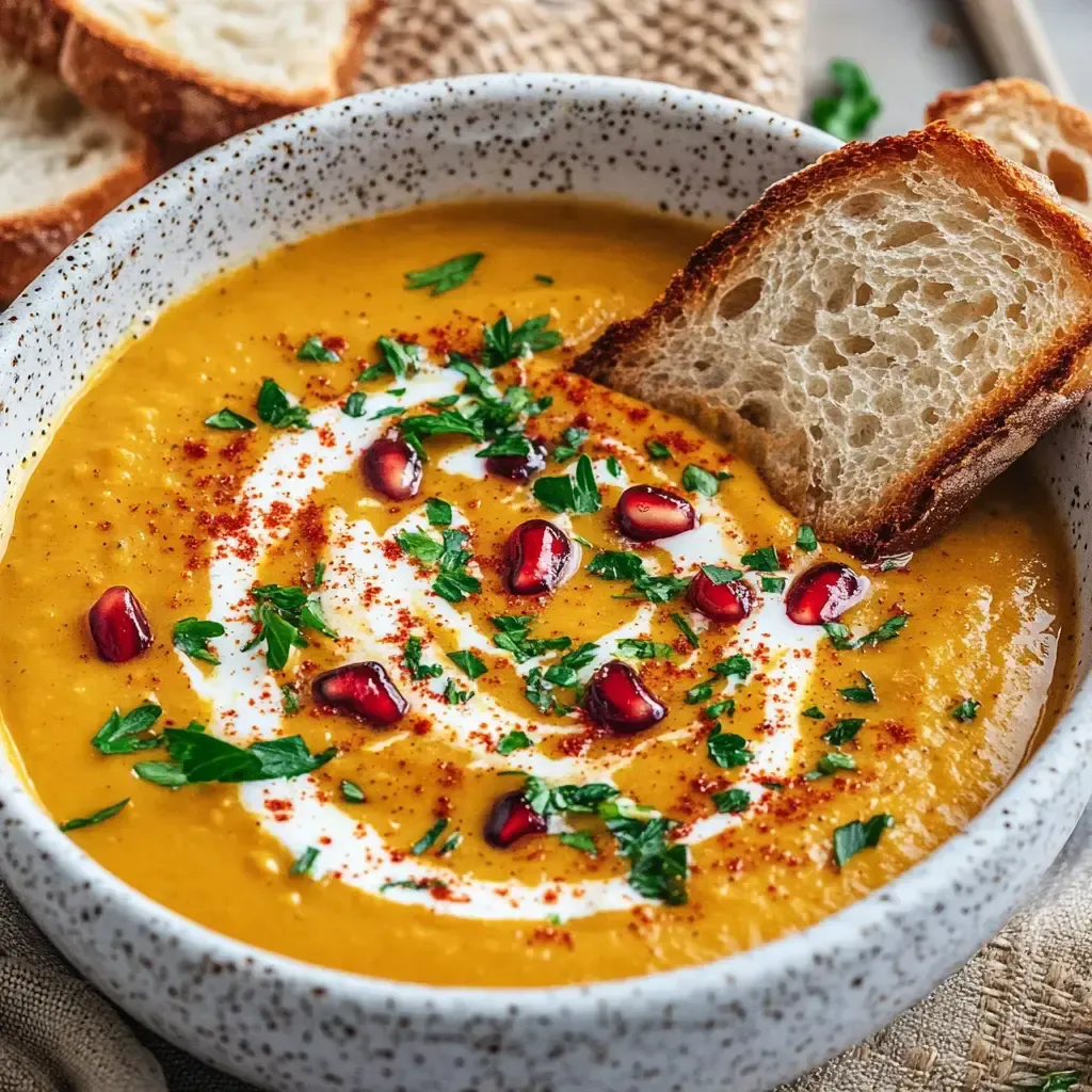 Eine Schüssel mit cremiger Kürbissuppe, garniert mit saurer Sahne, Granatapfelkernen und frischen Kräutern, daneben liegt eine Scheibe Brot.